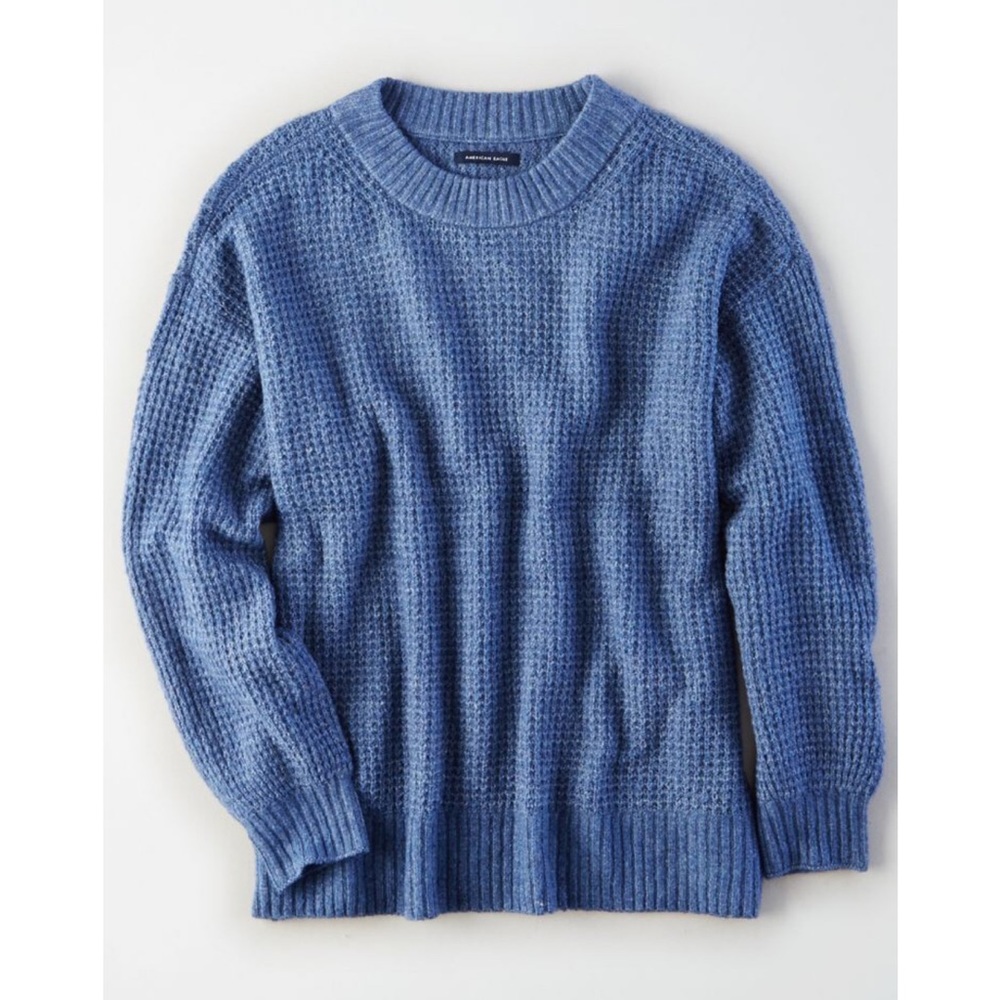 American Eagle Outfitters Blue Waffle-Knit Crewneck Sweater
